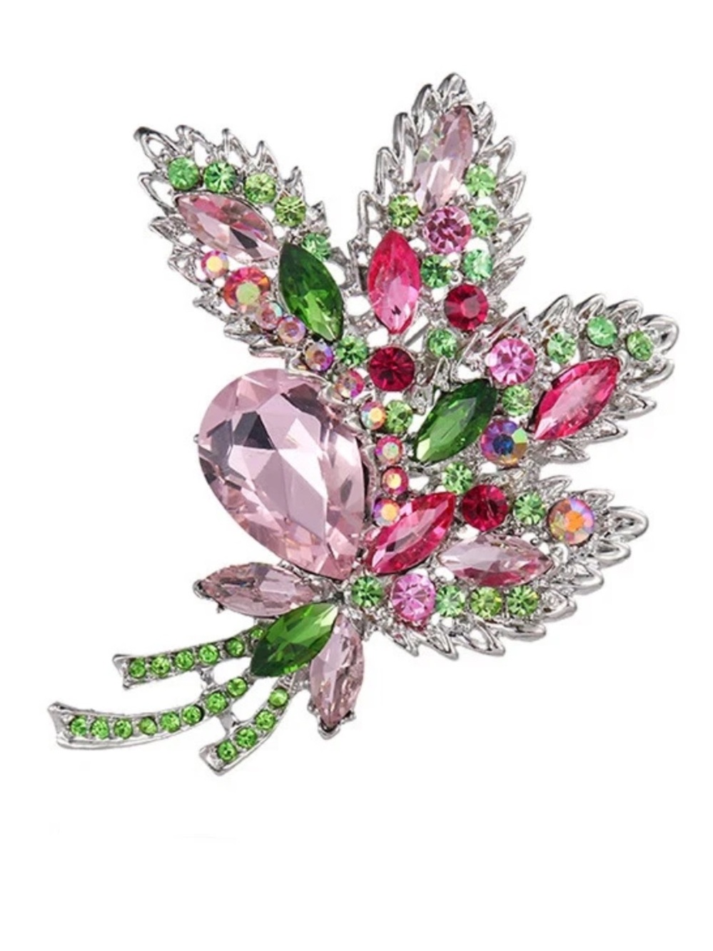 Silver Tone with Pink, Green, Red Inlay Crystals Floral Leaf Bouquet Brooch